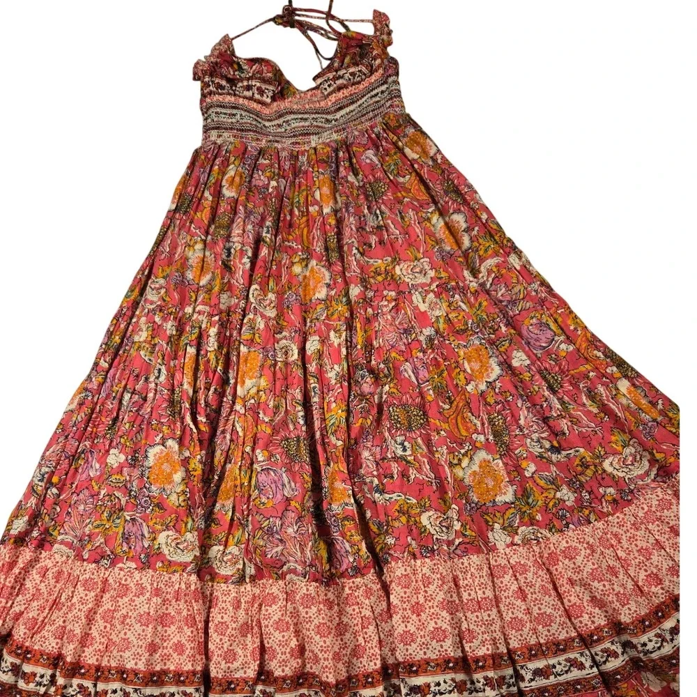 Free People Pink Floral Smocked Halter Maxi Dress Boho Tassel Tiered Size S